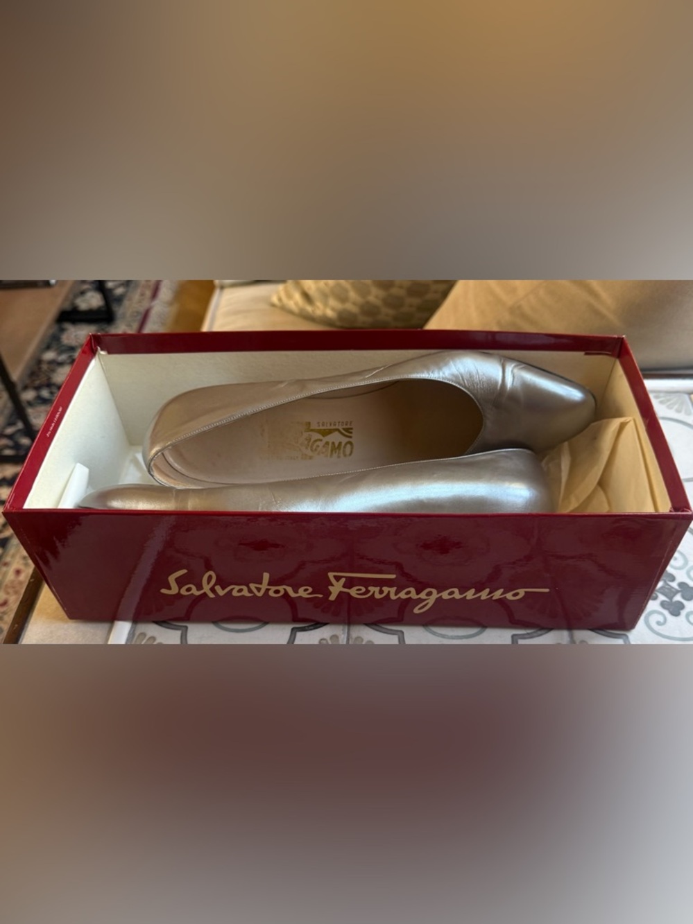 Vintage Salvatore Ferragamo Dale Metallic Taupe Leather Pointed-Toe Shoes - Picture 7 of 9